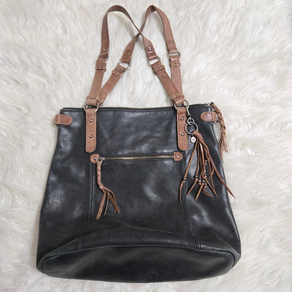 The Sak Black Leather Tote Bag Brown Braided Straps Boho Tassel Charm
